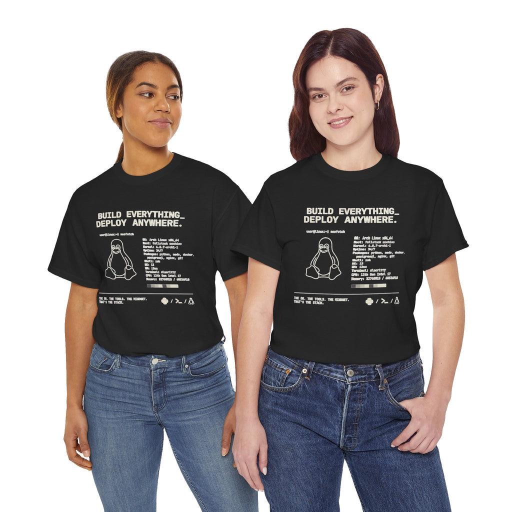 Linux Mountain Tee — Build Everything, Deploy Anywhere Tech T-Shirt