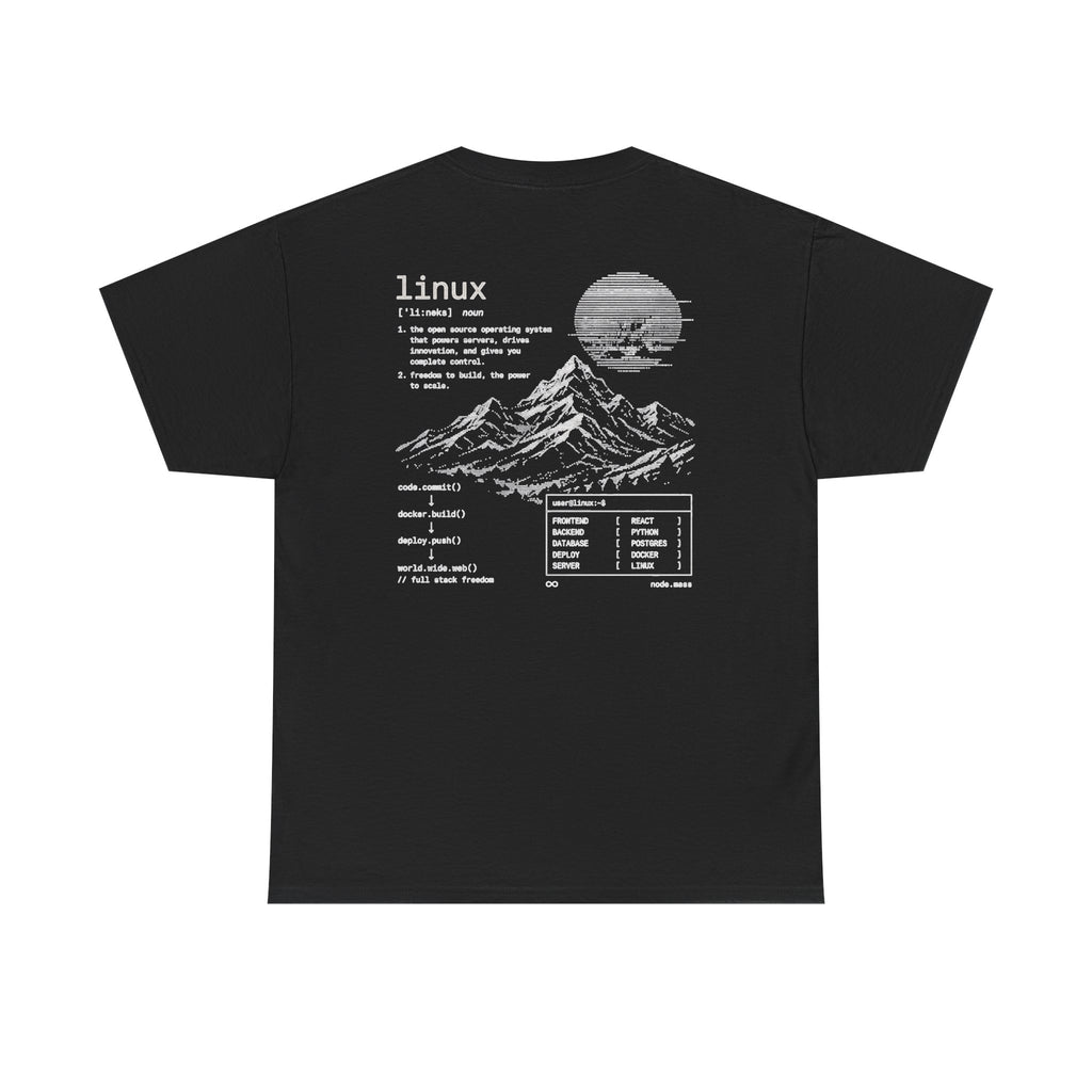 Linux Mountain Tee — Build Everything, Deploy Anywhere Tech T-Shirt