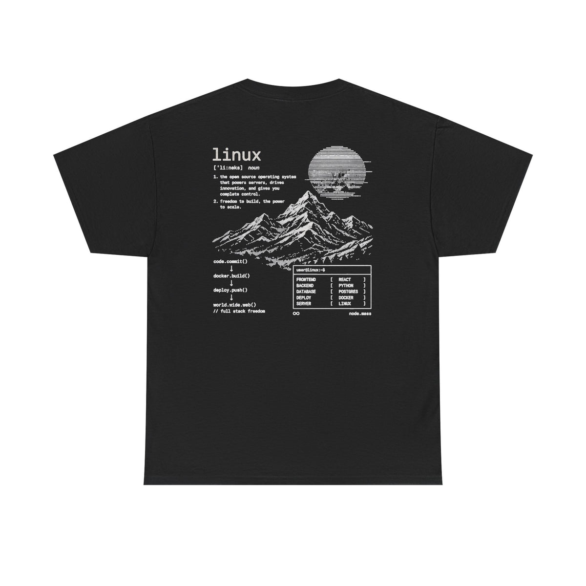 Linux Mountain Tee — Build Everything, Deploy Anywhere Tech T-Shirt
