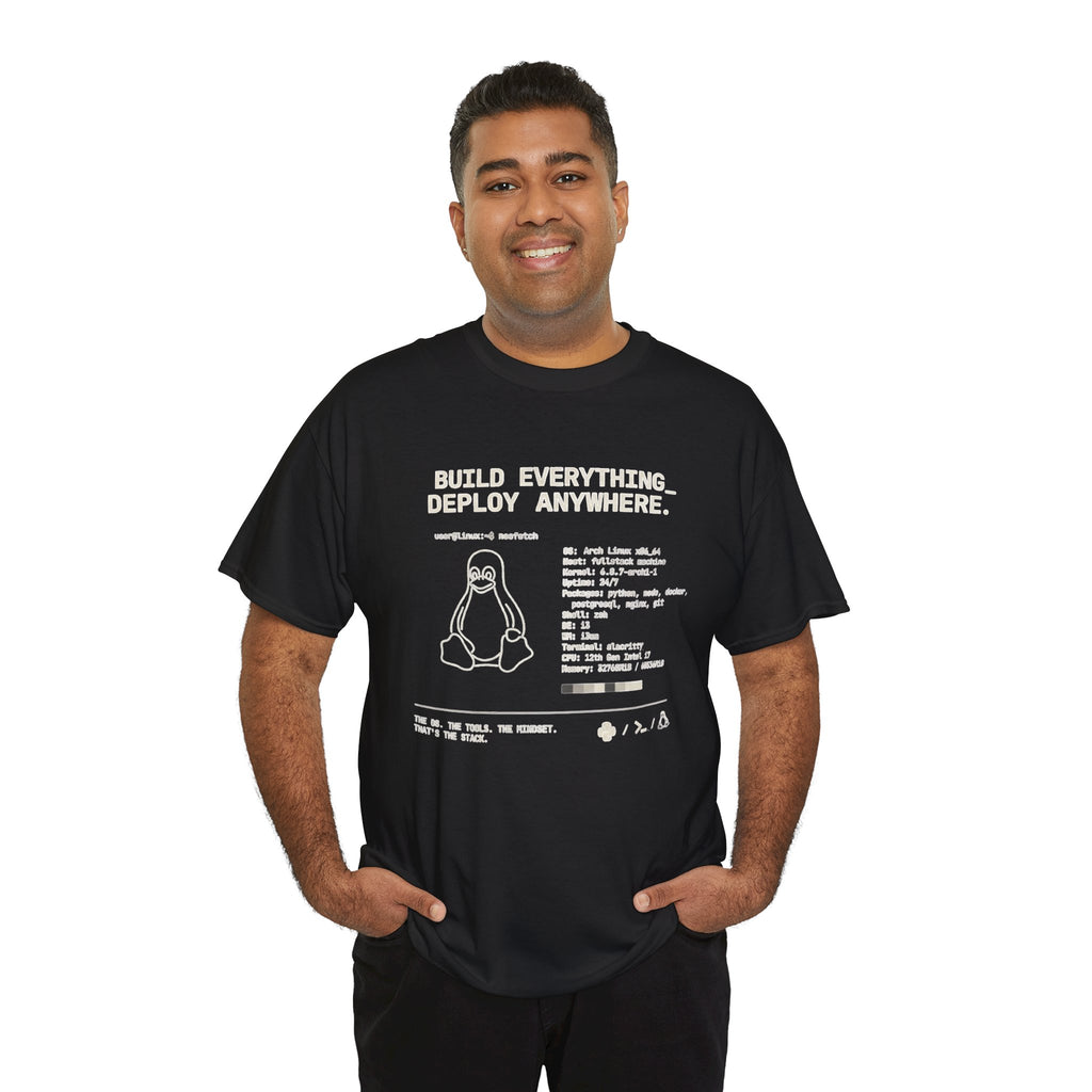 Linux Mountain Tee — Build Everything, Deploy Anywhere Tech T-Shirt