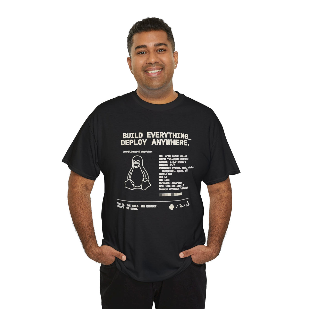 Linux Mountain Tee — Build Everything, Deploy Anywhere Tech T-Shirt