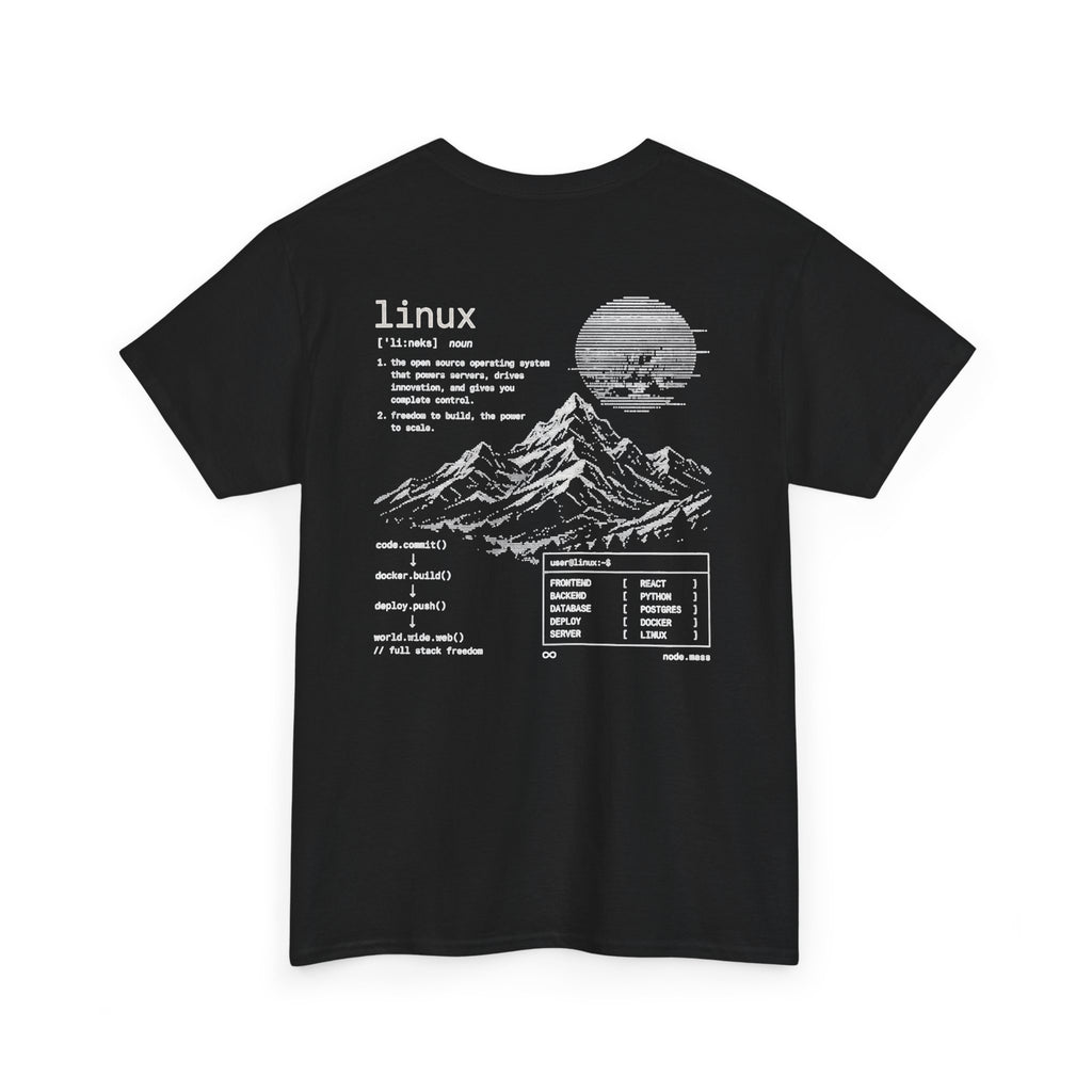 Linux Mountain Tee — Build Everything, Deploy Anywhere Tech T-Shirt