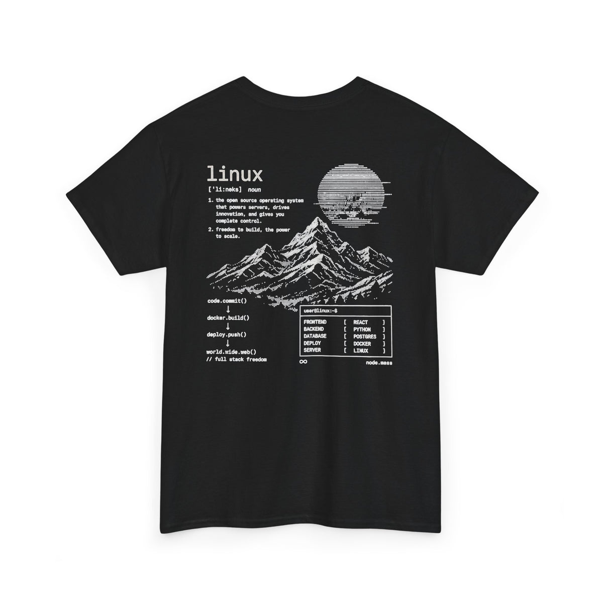 Linux Mountain Tee — Build Everything, Deploy Anywhere Tech T-Shirt