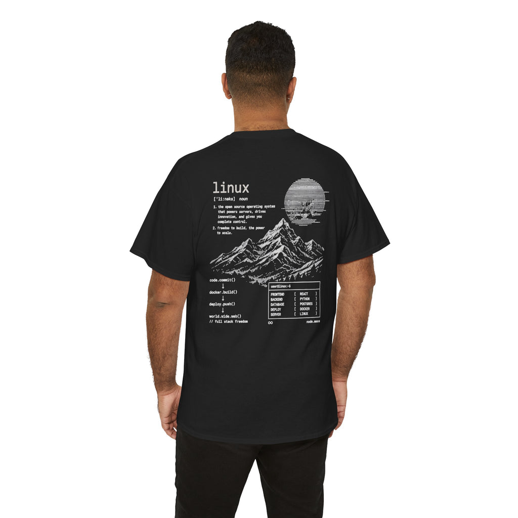 Linux Mountain Tee — Build Everything, Deploy Anywhere Tech T-Shirt