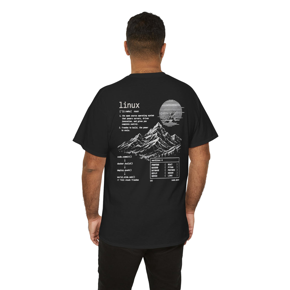 Linux Mountain Tee — Build Everything, Deploy Anywhere Tech T-Shirt