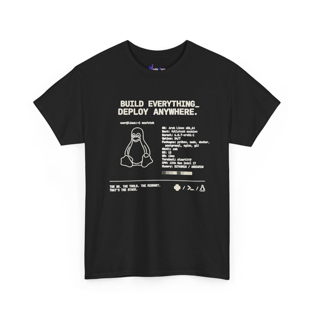 Linux Mountain Tee — Build Everything, Deploy Anywhere Tech T-Shirt