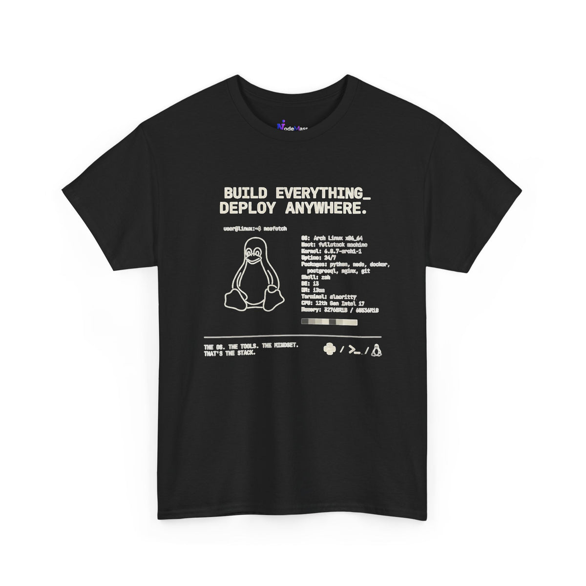 Linux Mountain Tee — Build Everything, Deploy Anywhere Tech T-Shirt